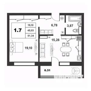 1-к квартира, строящийся дом, 45м2, 2/9 этаж