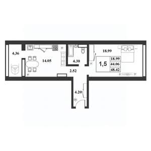 1-к квартира, строящийся дом, 44м2, 1/9 этаж