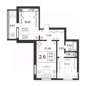 3-к квартира, строящийся дом, 69м2, 6/9 этаж