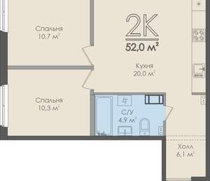 2-к квартира, вторичка, 52м2, 9/9 этаж