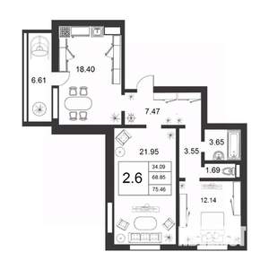 3-к квартира, строящийся дом, 69м2, 8/9 этаж