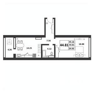 1-к квартира, строящийся дом, 45м2, 8/9 этаж