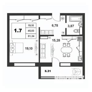 1-к квартира, строящийся дом, 45м2, 1/9 этаж