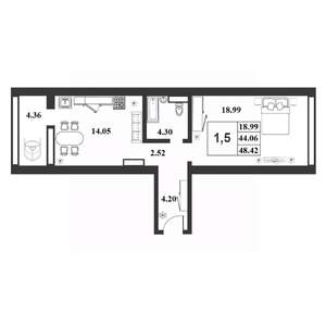 1-к квартира, строящийся дом, 44м2, 4/9 этаж