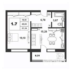 1-к квартира, строящийся дом, 45м2, 8/9 этаж