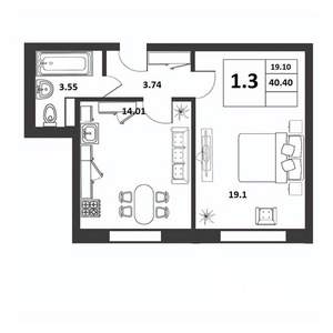 1-к квартира, строящийся дом, 40м2, 1/9 этаж