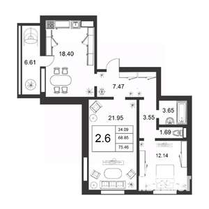3-к квартира, строящийся дом, 69м2, 5/9 этаж