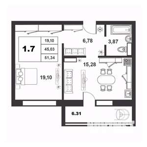 1-к квартира, строящийся дом, 45м2, 9/9 этаж