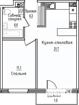 1-к квартира, строящийся дом, 43м2, 3/12 этаж