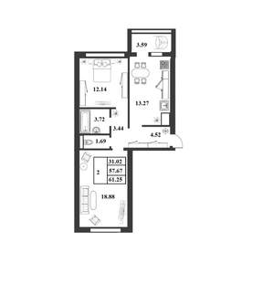 2-к квартира, строящийся дом, 58м2, 6/9 этаж