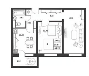 2-к квартира, строящийся дом, 56м2, 8/9 этаж
