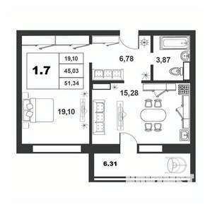 1-к квартира, строящийся дом, 45м2, 2/9 этаж