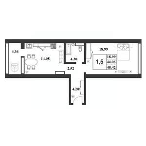 1-к квартира, строящийся дом, 44м2, 3/9 этаж