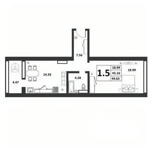 1-к квартира, вторичка, 45м2, 6/9 этаж