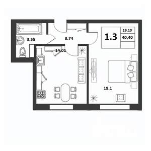 1-к квартира, строящийся дом, 40м2, 1/9 этаж