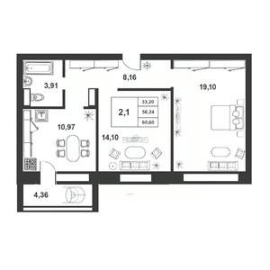 2-к квартира, строящийся дом, 56м2, 3/9 этаж