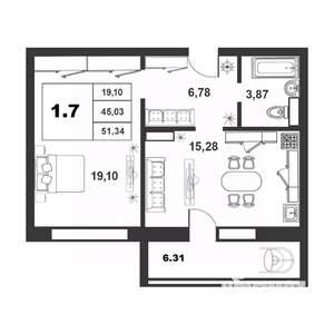 1-к квартира, строящийся дом, 45м2, 2/9 этаж