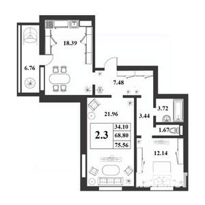 3-к квартира, строящийся дом, 69м2, 2/9 этаж