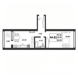 1-к квартира, строящийся дом, 45м2, 6/9 этаж