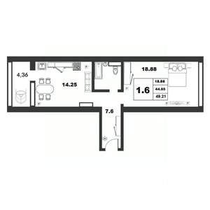 1-к квартира, строящийся дом, 45м2, 7/9 этаж