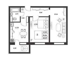 2-к квартира, строящийся дом, 56м2, 9/9 этаж