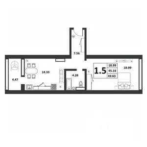 1-к квартира, строящийся дом, 45м2, 9/9 этаж