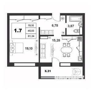 1-к квартира, вторичка, 45м2, 5/9 этаж