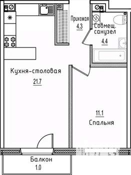 1-к квартира, строящийся дом, 43м2, 2/12 этаж