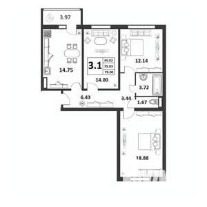 3-к квартира, вторичка, 75м2, 9/9 этаж