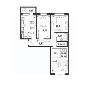 3-к квартира, строящийся дом, 75м2, 6/9 этаж