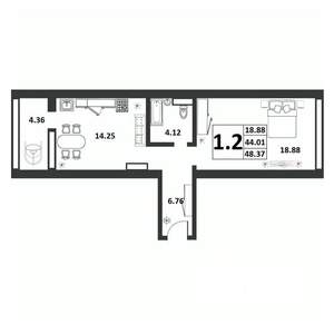 1-к квартира, вторичка, 44м2, 8/9 этаж