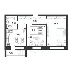 2-к квартира, строящийся дом, 56м2, 7/9 этаж