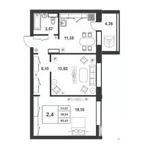 2-к квартира, строящийся дом, 56м2, 5/9 этаж