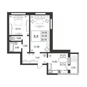 2-к квартира, строящийся дом, 62м2, 1/9 этаж