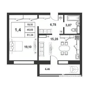 1-к квартира, строящийся дом, 45м2, 8/9 этаж
