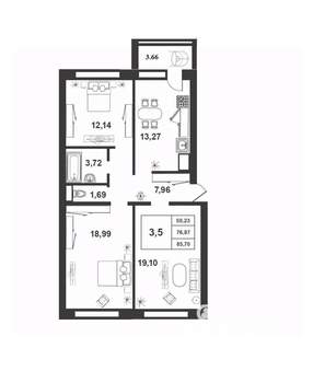 3-к квартира, строящийся дом, 77м2, 6/9 этаж