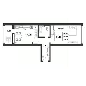 1-к квартира, строящийся дом, 44м2, 9/9 этаж