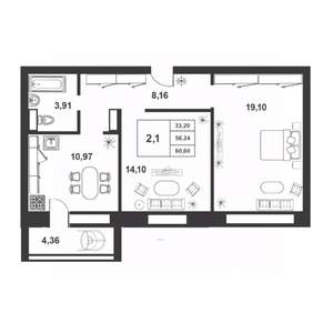 2-к квартира, строящийся дом, 56м2, 9/9 этаж