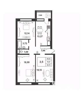 3-к квартира, строящийся дом, 77м2, 7/9 этаж