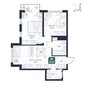 2-к квартира, строящийся дом, 56м2, 2/8 этаж