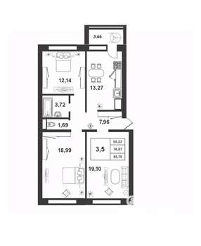 3-к квартира, строящийся дом, 77м2, 3/9 этаж