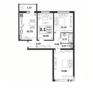 3-к квартира, строящийся дом, 75м2, 3/9 этаж