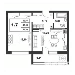 1-к квартира, строящийся дом, 45м2, 6/9 этаж
