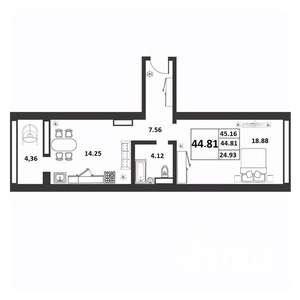 1-к квартира, строящийся дом, 45м2, 5/9 этаж