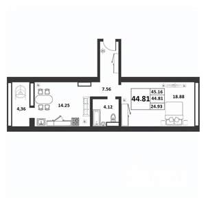 1-к квартира, строящийся дом, 45м2, 4/9 этаж