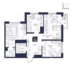 3-к квартира, строящийся дом, 72м2, 2/7 этаж