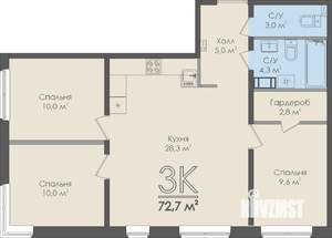 3-к квартира, строящийся дом, 73м2, 5/9 этаж