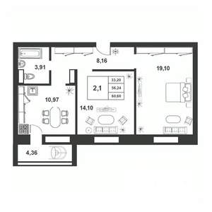 2-к квартира, строящийся дом, 56м2, 3/9 этаж