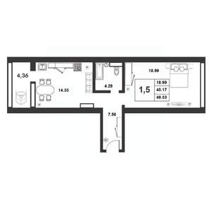 1-к квартира, строящийся дом, 45м2, 1/9 этаж