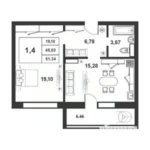 1-к квартира, строящийся дом, 45м2, 1/9 этаж
